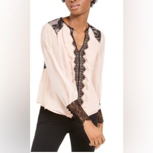 Nanette Lepore Size 8 Blush Chiffon Black Lace Combo V-Neck Long Sleeve Top